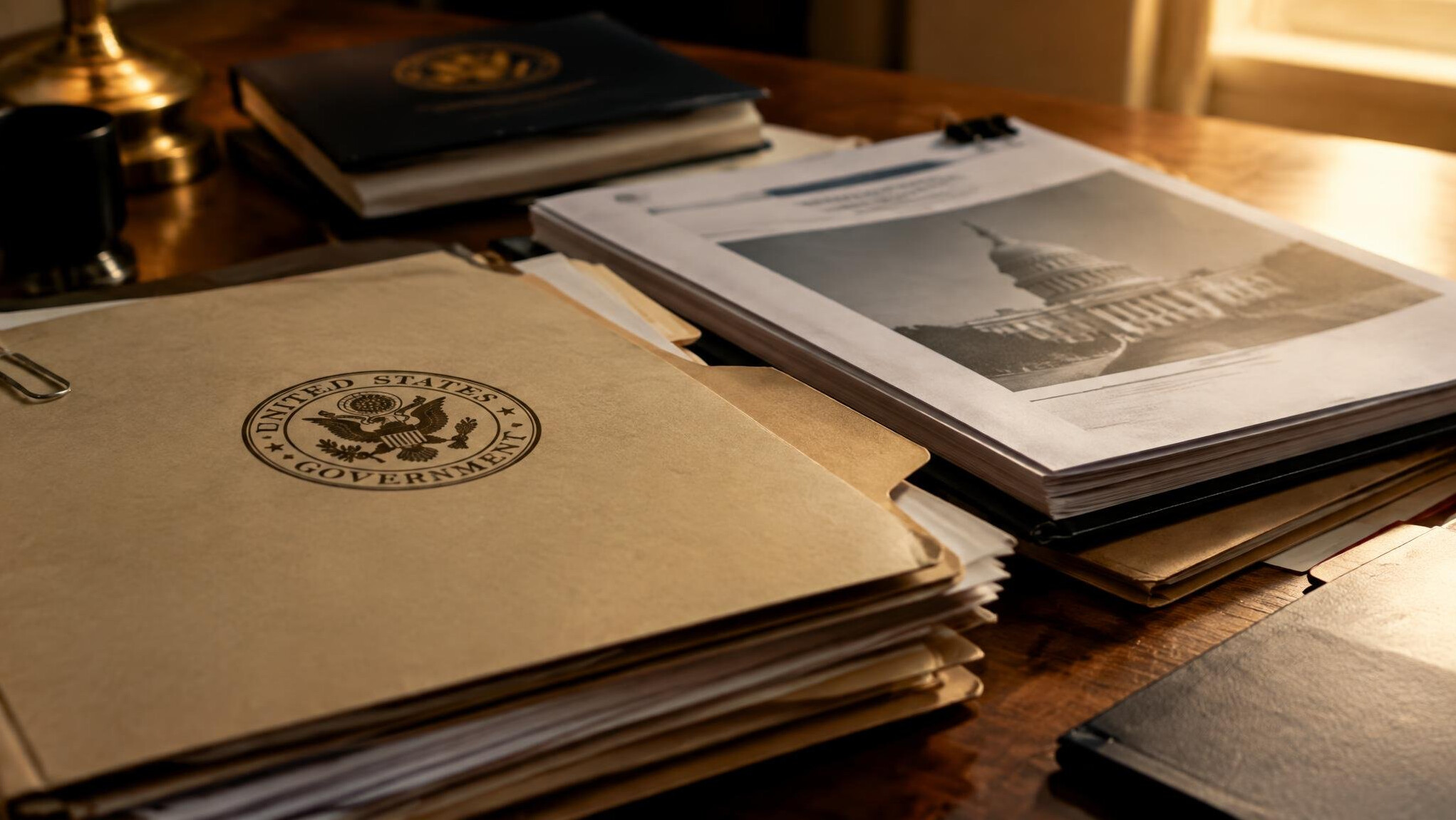 Stack of official documents and files on a desk under warm light
