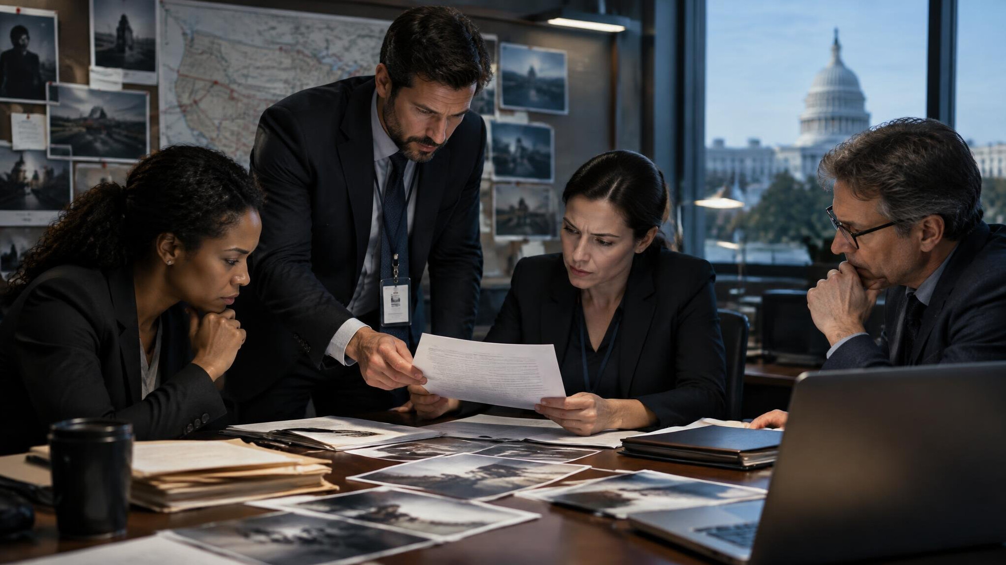 team of investigators reviewing documents