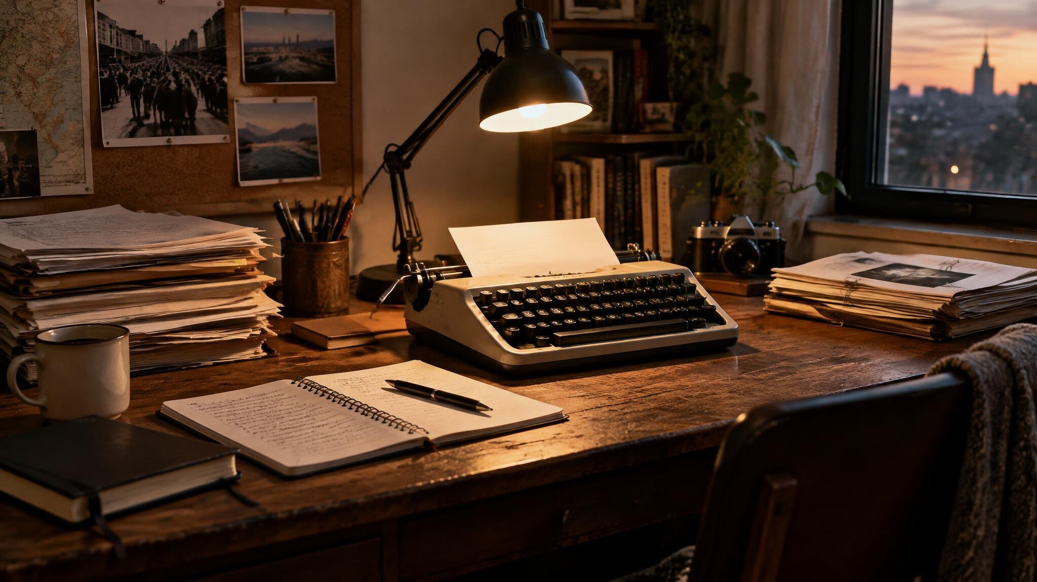 Small independent journalist office with notebooks, files and a desk lamp