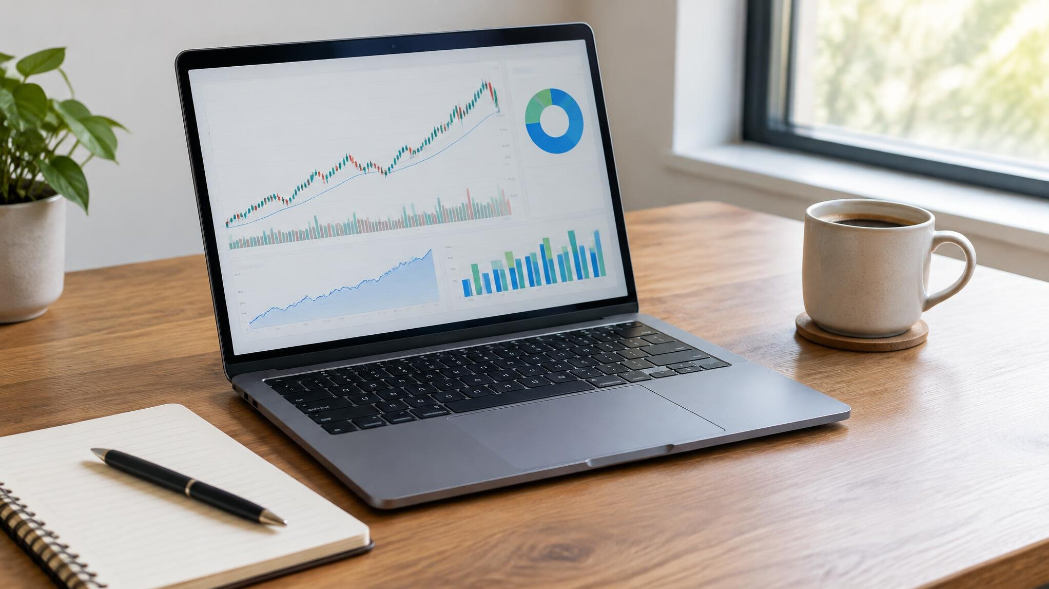 Open laptop displaying charts next to a notebook and coffee cup