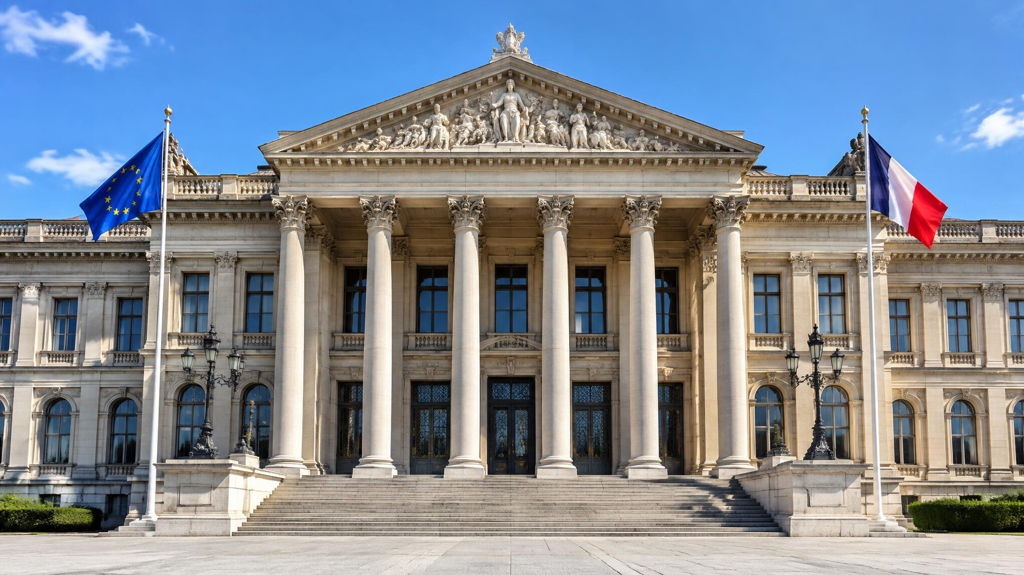 Classical government building facade with columns under a blue sky
