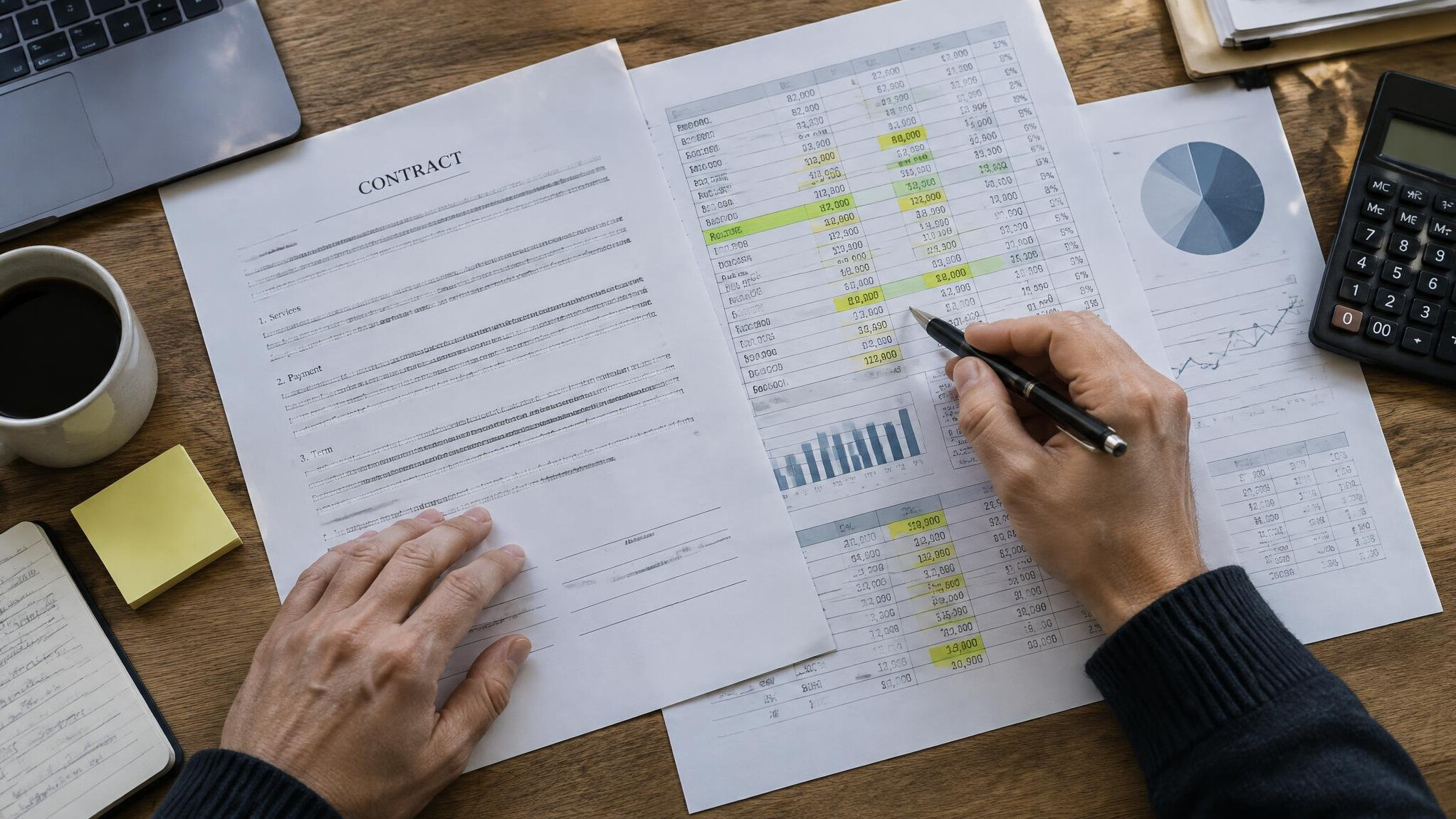 Hands reviewing printed contracts and financial spreadsheets with a pen